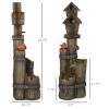 Outdoor bird bath fountain with birdhouse, 3-tier cascading waterfall, rustic tree trunk design, and LED lights for patio and porch décor.