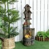 Outdoor fountain with birdhouse and bird bath, 3-tier rustic tree trunk waterfall with LED lights for porch, deck, and yard décor.