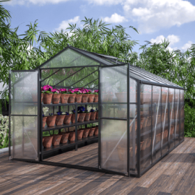8x12 Outdoor Polycarbonate Greenhouse Walk In Aluminum Greenhouse Double Doors Vent Windows (Color: Black)