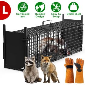 Live Animal Cage Trap For Animals Under Easy To Setup Humane Galvanized Iron Trap Cage For Raccoons Armadillos Groundhogs Muskrats Opossums Skunks (size: L_Black_WithGlove)