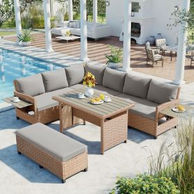 5-Piece Outdoor Patio Rattan Sofa Set; Sectional PE Wicker L-Shaped Garden Furniture Set (Color: brown)