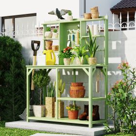 64.6 Inch Large Wooden Outdoor Potting Bench with Shelves (Color: Green)