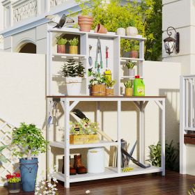 64.6 Inch Large Wooden Outdoor Potting Bench with Shelves (Color: White)