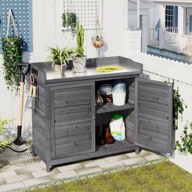39 Inch Rustic Wooden Potting Bench with Storage Cabinet Shelves and Hooks (Color: Grey)