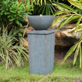 35.5" gray polyresin Zen bowl water fountain with bird feeder and bath design, relaxing outdoor feature for garden, lawn, and porch. (Color: as Pic)