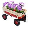 Outdoor Wooden Garden Wagon Cart with Railing Pneumatic Tires Red