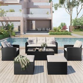 6 Piece PE Rattan Wicker Outdoor Patio Dining Conversation Set (Color: Beige)