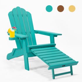 TALE folding oversized Adirondack chair with ottoman and cup holder. Durable poly lumber, comfy, foldable, ideal for patio, deck, garden, backyard. (Color: Green)