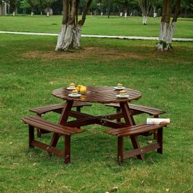 6 Person Round Picnic Table with 3 Built In Benches and Umbrella Hole (Person: 8, Color: brown)