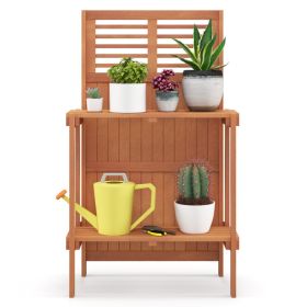 Folding Garden Potting Bench with 2 Tier Storage Shelves Teak Finish (Color: Natural)