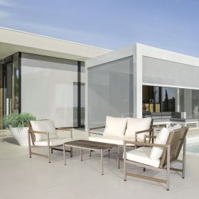 4 Pieces Patio Furniture Set, PE Rattan Wicker 4 Pcs Outdoor Sofa Set w/Washable Cushion (Color: White+Natural)