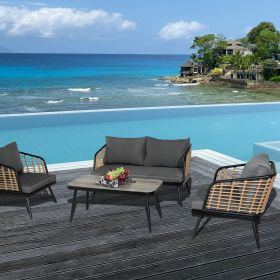 4 Pieces Patio Furniture Set, PE Rattan Wicker 4 Pcs Outdoor Sofa Set w/Washable Cushion (Color: Black+Natural)