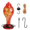Glass Hummingbird Feeder 33OZ Hand Blown Hummingbird Feeder with 5 Flower Feeding Port Perch Ant Moat Hanging Hook S Hook Hemp Rope Cleaning Brush for