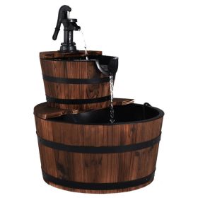 2 Tier Outdoor Wooden Barrel Waterfall Fountain with Pump (Color: brown)