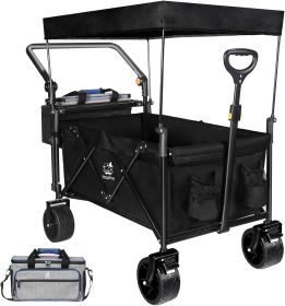 Heavy Duty Collapsible Wagon Cart with Removable Canopy (Color: Black)