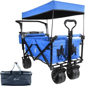 Heavy Duty Collapsible Wagon Cart with Removable Canopy (Color: Blue)