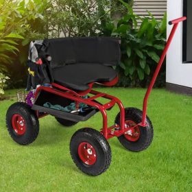 Rolling Garden Cart with Adjustable Swivel Seat and Basket (Color: Red)