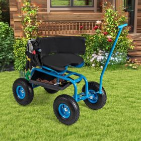 Rolling Garden Cart with Adjustable Swivel Seat and Basket (Color: Blue)