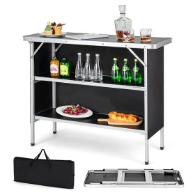 Folding Camping Table with 2 Tier Open Shelves for Outdoor BBQ (Color: Black)