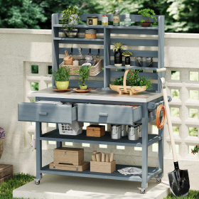 64.9 Inch Solid Wood Outdoor Potting Bench with Wheels (Material: Wood + Stainless Steel, Color: Grey+Blue)