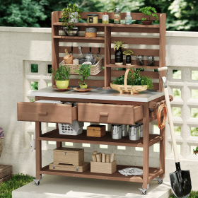 64.9 Inch Solid Wood Outdoor Potting Bench with Wheels (Material: Wood + Stainless Steel, Color: brown)