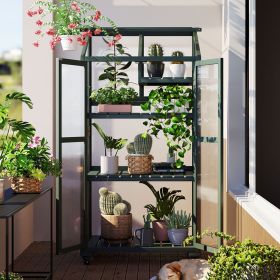 62 Inch Wooden Portable Greenhouse with Wheels and Shelves (Color: Green)