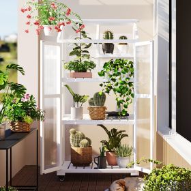 62 Inch Wooden Portable Greenhouse with Wheels and Shelves (Color: White)