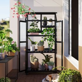 62 Inch Wooden Portable Greenhouse with Wheels and Shelves (Color: Black)
