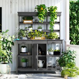 66 Inch Farmhouse Wooden Outdoor Potting Bench with Storage (Color: Gray)