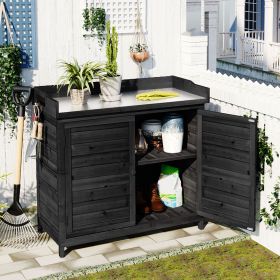 39 Inch Rustic Wooden Potting Bench with Storage Cabinet Shelves and Hooks (Color: Black)