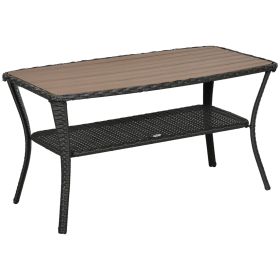 Outsunny Patio PE Rattan Coffee Table with Storage Shelf, Hand-Woven Wicker Outdoor Side Table, 2-Layer Storage Table with Wood-plastic Composite Top (Color: as Pic)
