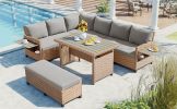5-Piece Outdoor Patio Rattan Sofa Set; Sectional PE Wicker L-Shaped Garden Furniture Set