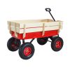 Outdoor Wooden Garden Wagon Cart with Railing Pneumatic Tires Red