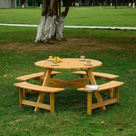 6 Person Round Picnic Table with 3 Built In Benches and Umbrella Hole (Person: 8, Color: Natural)