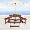 6 Person Round Picnic Table with 3 Built In Benches and Umbrella Hole