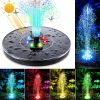 Solar floating water fountain pump with colorful LED lights, 18/16/13cm size, for pools, ponds, waterfalls, and outdoor garden décor.