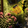 Outdoor solar watering can light, retro metal lantern with hanging LED string lights, waterproof garden decorative solar-powered yard décor.
