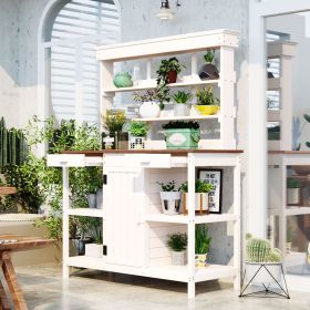 66 Inch Farmhouse Wooden Outdoor Potting Bench with Storage (Color: White)