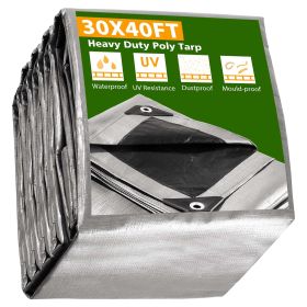 30x40 FT Heavy Duty Poly Tarp Silver Black Waterproof Multipurpose Outdoor Protective Tarp Cover (Option: 30x40ft)